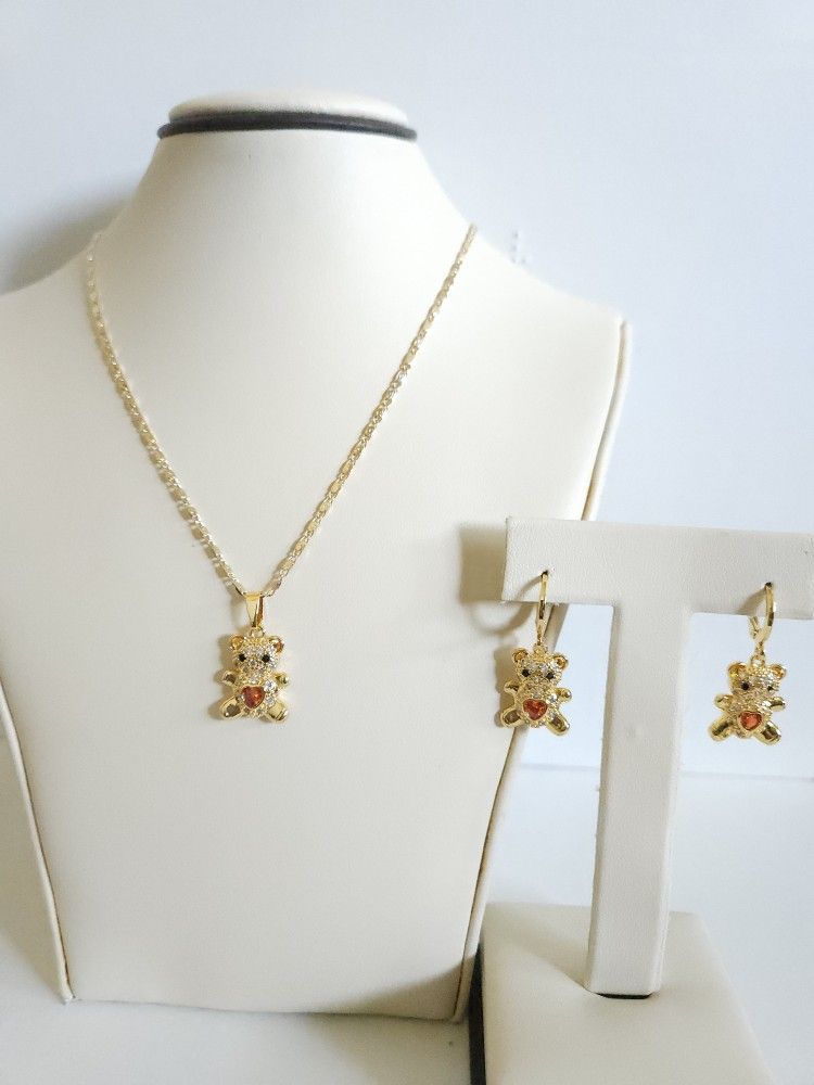 Bear Charm Necklace chain Earrings Set