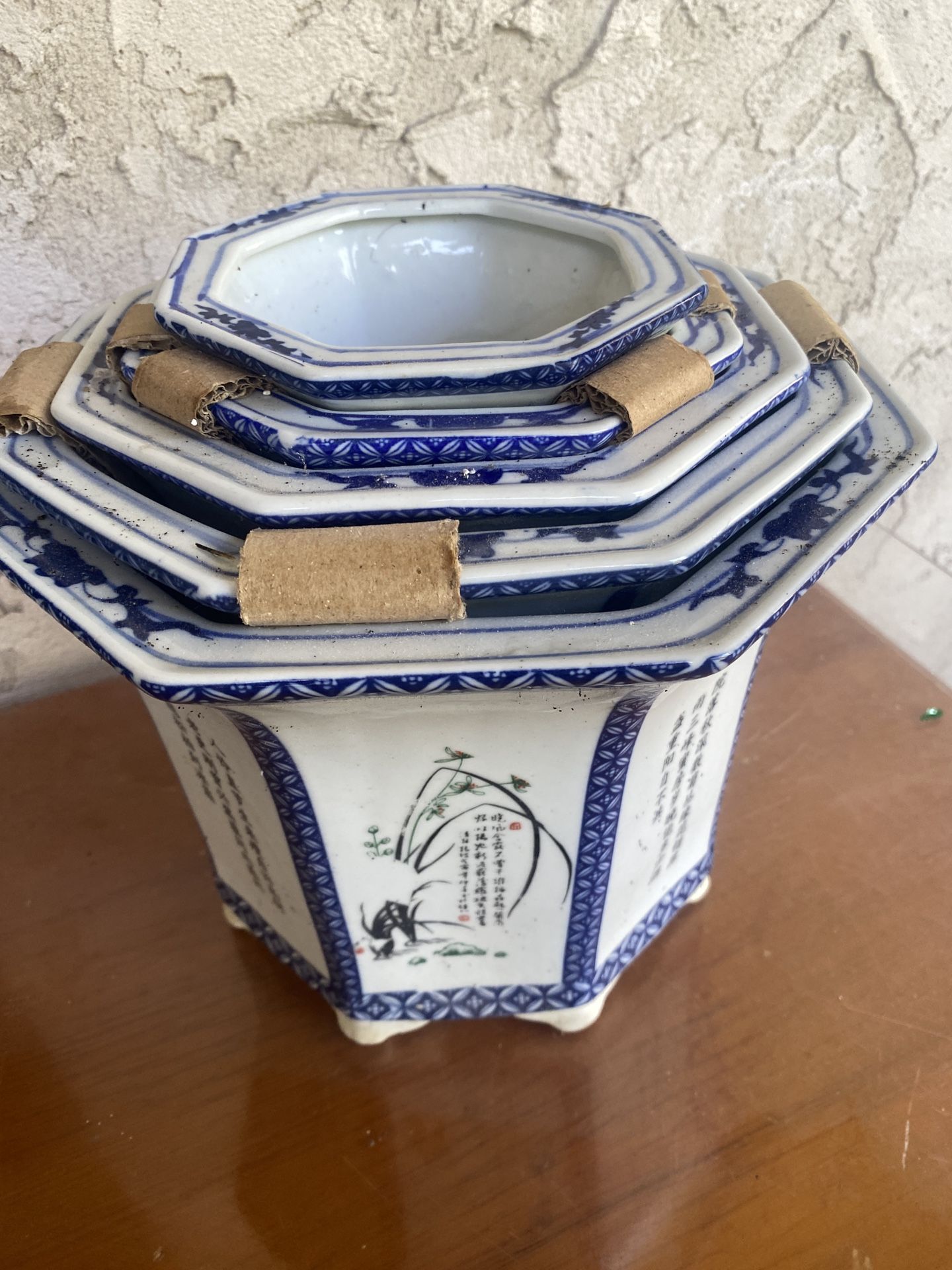 Set of 4 Vintage Chinese Blue & White Porcelain Octagonal Planters with Calligraphy & Floral
