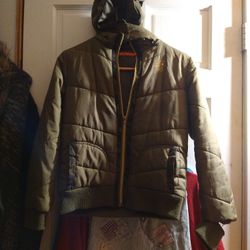 Apple Bottoms Parka Hoodie Coat In Olive Green With Gold Emblem