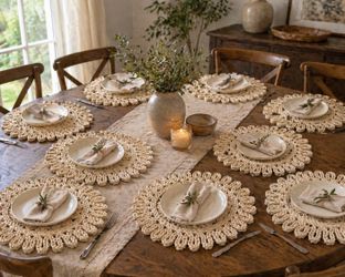 Set of 9, 12" Round Corn Husk Placemats | Boho Woven Rattan Table Mats Natural 