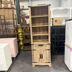 Bookshelf with Storage Cabinet, 72" Tall Farmhouse Bookcase with Adjustable Shelves and Barn Door, 4 Tier Office Wood Bookshelf with Drawer for Office