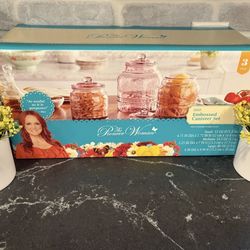 NEW The Pioneer Woman CASSIE Set of 3 Embossed Rose Glass Storage Canister Set