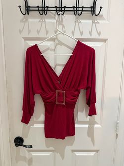 Red Deep V-Neck Top with Buckle Detail
