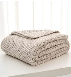Chunky Cable Knit Throw Blanket Lightweight Beige 100% Organic Cotton Blanket for Sofa Couch Bed Baby Nursery, Rustic Shabby Chic Modern Farmhouse, 51