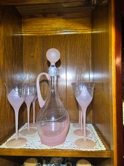 Pink Glass Decanter Set with Four Stemmed Glasses