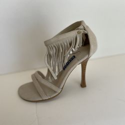 Bakers Heels Ankle Cuff With Fringe Taupe Beige Suede Size 7 M