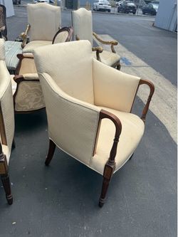 Pair of Designer Upholstered Armchairs / Accent Chairs – Mahogany Finish