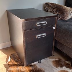 Wood File Cabinet With 2 Inside Drawers. Has Wheels And Lock