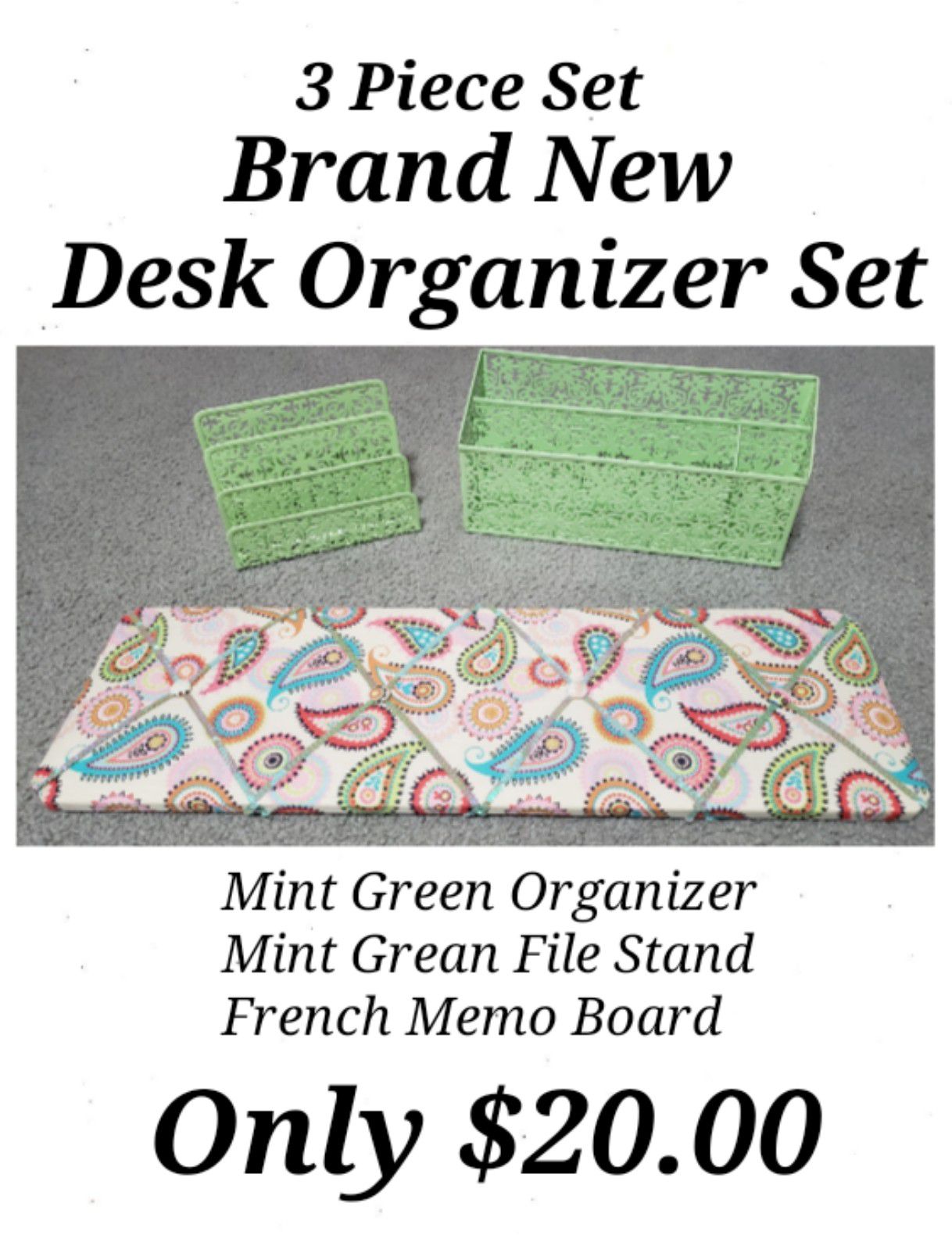 Brand New 3 Piece Office Desk Set - French Memo Board, File Stand & Organizer