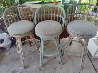 Vintage Coastal Rattan Swivel Bar Stools (Set of 3) – Light Aqua & Natural Stain
