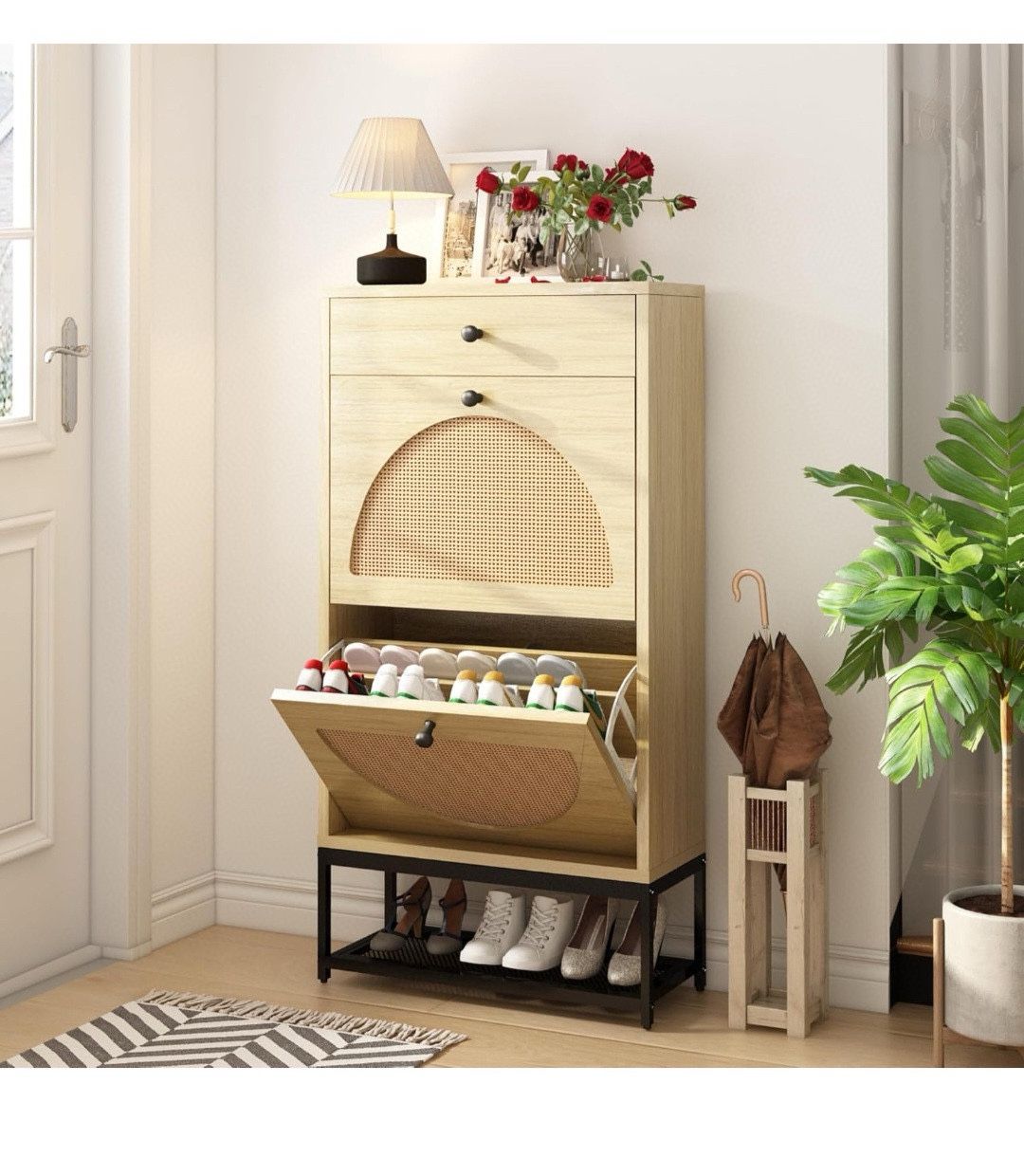 Natural Rattan Shoe Cabinet with 2 Flip Drawers and 1 Pull Drawer, Slim Shoe Storage Cabinet Entrance Hallway Free Standing Shoe Rack with Metal Frame