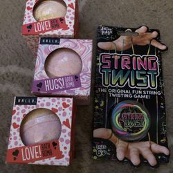 Three bath bombs and string twist string game