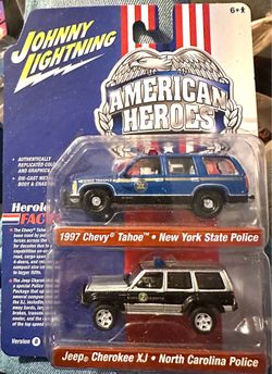 2022 Johnny Lightning Pop Culture Americans Heroes 1997 Chevy Tahoe New York State Police Jeep Cherokee XJ North Carolina Police