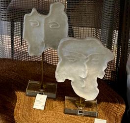 Set of 2 Arteriors David Sculptures Abstract White RICESTONE Faces Brass Class 20"×9",15"×10"