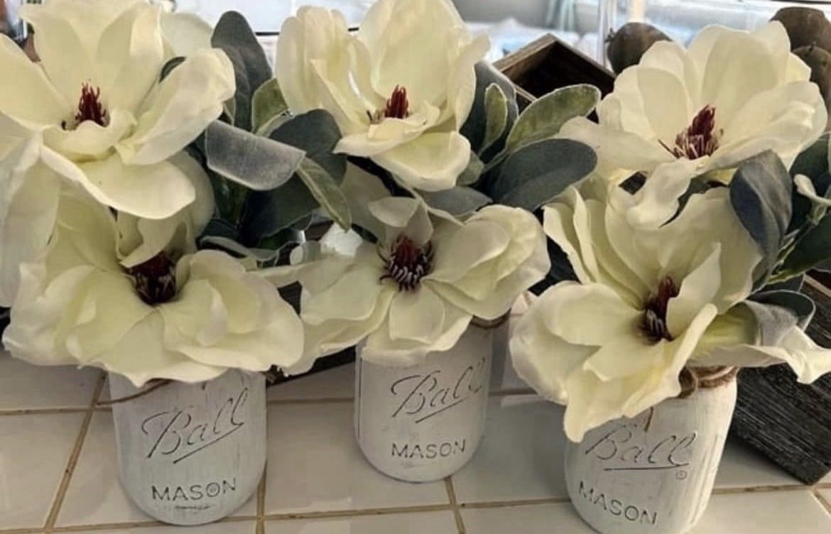 Chalk painted distressed mason jars - WHITE MAGNOLIAS with Lambs Ears