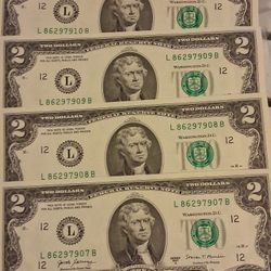 2 Dollars Bills Uncirculated And In Sequence Numbers