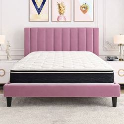 Full Bed Frame & 10 Inch Hybrid Mattress Set – Pink Upholstered Style