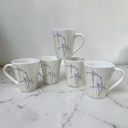 Set of 5 corelle coordinates porcelain Mugs with Iris Floral Design