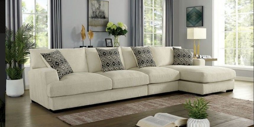 Brand New Super Plush Beige Chenille Sectional Sofa (Pillows Included)