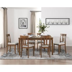 Brand new cherry dining table (36 x 60 x 31H) + 6 biege linen chairs