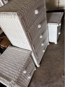 Vintage White Wicker Dresser & Cabinet Set – Coastal/Boho Style