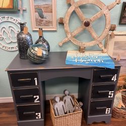 Unique Solid Wood Numbered Vintage Desk – Industrial Charm + Storage — Charcoal, Black, White!