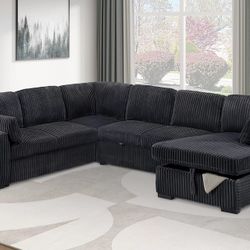 BLACK FUR LIKE CORDUROY SECTIONAL WITH PULLOUT 