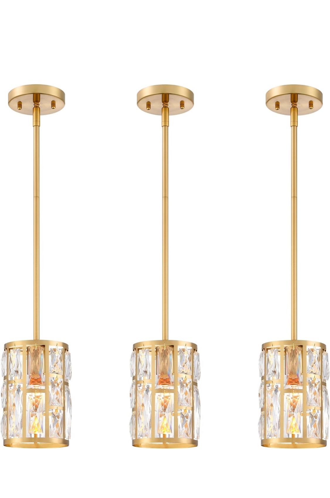 Modern Crystal Pendant Light Fixture 3-Pack Gold Finish Hanging Lighting Crystal Chandelier for Kitchen Island