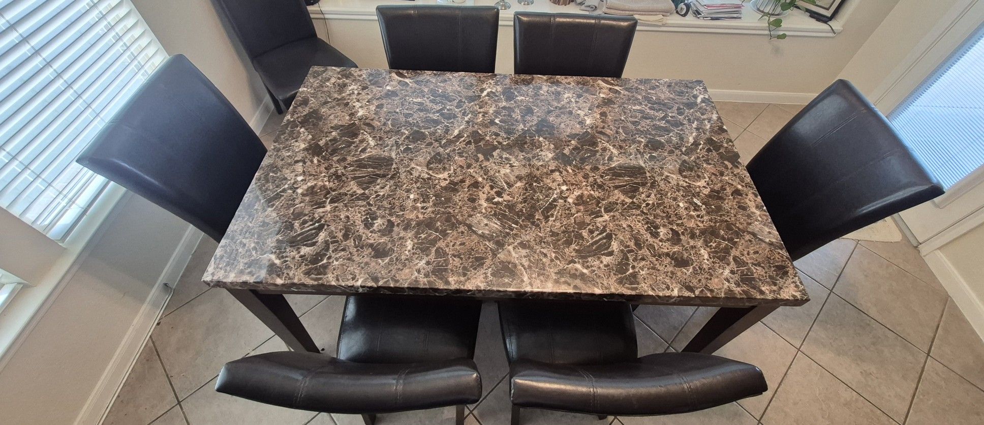 FOR SALE: Solid Wood Dining Table + 6 Leather Chairs – $200