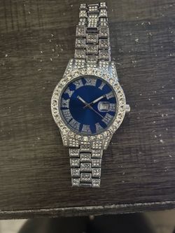 5pcs Rhinestone Watch Set, Including 2 Necklaces, 1 Cuban Bracelet And Calendar Strap Adjuster Jewelry Set, Adjustable Size, Hip-Hop Trend, Unisex, Sh