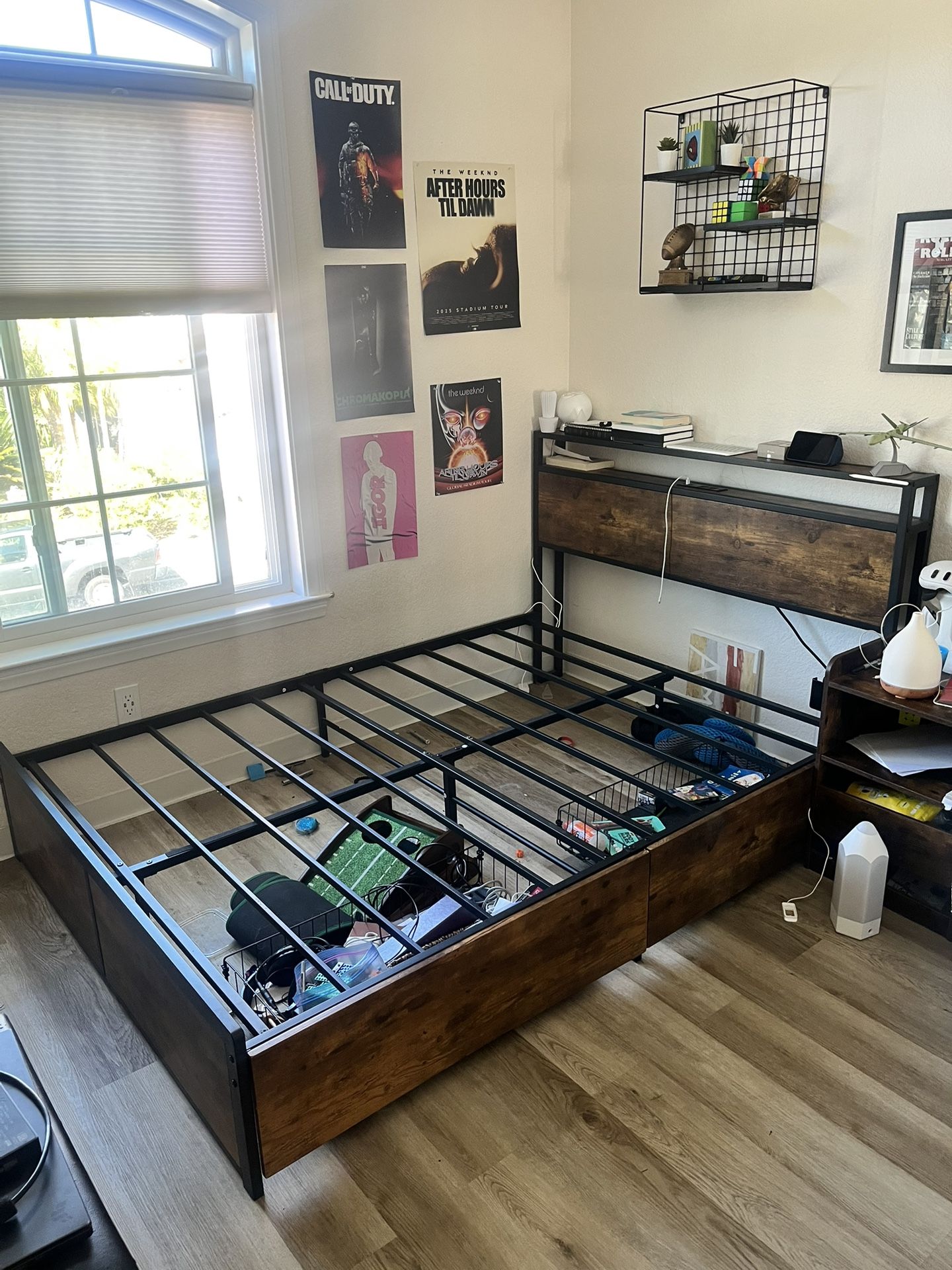LIKIMIO King Size Bed Frame with 2 Storage Drawers, 2-Tier Storage Headboard with Charging Station, Double Bed Frame King Size for Bedroom, No Box Spr