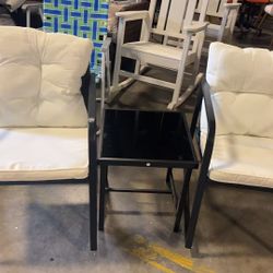 3 Pieces Outdoor Wicker Cushioned Rattan Rocking Chairs Bistro Set with Glass Table, Beige $90