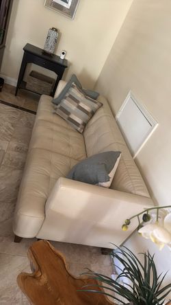 Cream Leather Tufted Sofa