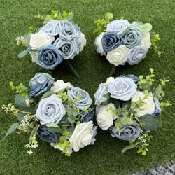 4 Medium Bouquets - Dusty Blue And White Roses