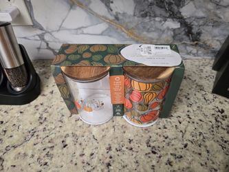Set of 2 Glass Canisters with Wood Lids - Fall/Pumpkin Design (NEW)