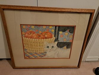Original Art Work By Patricia Bannister Signed. Drawing Of Cat Titled Green Eyes. Framed And Signed. 