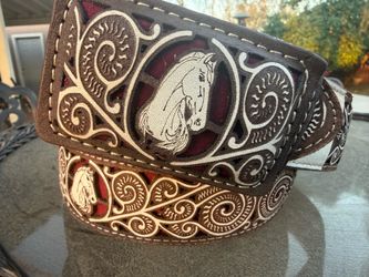 Tooled Leather Western Belt with Horse Design