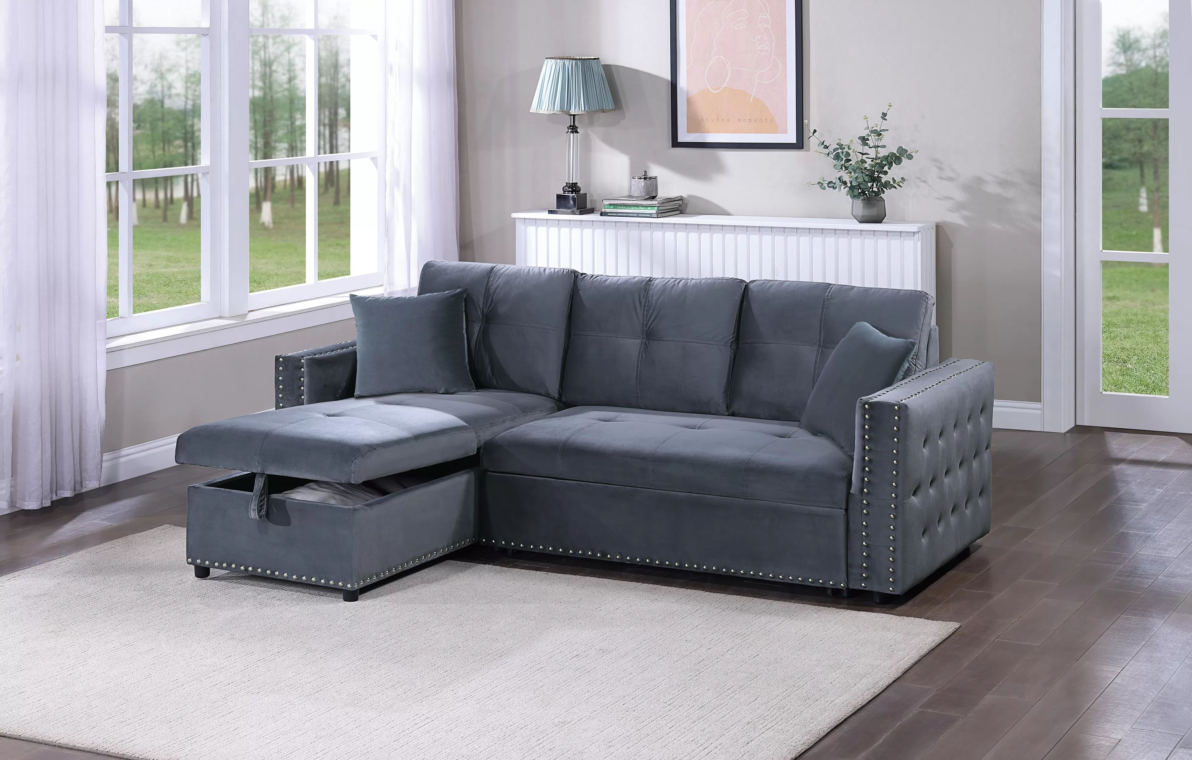 Sectional Convertible Bed Grey Velvet, New Especial price