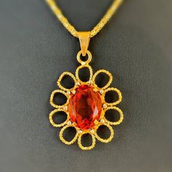 Vintage Jewelry Art Deco 18k solid yellow gold orange spinel oval flower Pendant charm