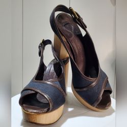 Chloé Blue Canvas Slingback Sandals Leather Trim Platform chunky heal size 5.5 