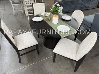 48" Modern Round Black Wood Dining Table Set with 4 Bouclé Fabric Chairs, Contemporary Style, Sleek Pedestal Base, Perfect for Small Spaces, Kitchen 