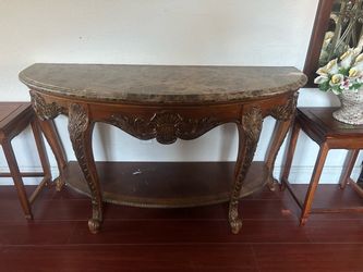 Ornate Wood Console Table with Marble Top