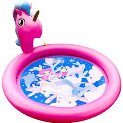 New!  Unicorn Splash Pads Sprinkler for Kids Toddler, Large Size 71" Outdoor Inflatable Wading Pool