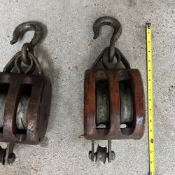 Pair of vintage wooden & steel block and tackle pulleys