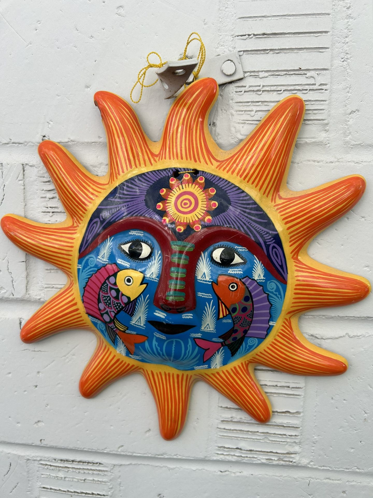 VTG Colorful Terra Cotta Sun Face Pottery Sculpture Home Decor Garden 9” Mexican Pottery