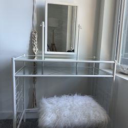 Move out Sale! Chic White Metal Vanity Desk + Fluffy Stool – Boho/Modern Style!