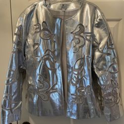 CHICO’S Genuine Leather Silver Anniversary Jacket With Cutouts -Size 3/ XL 