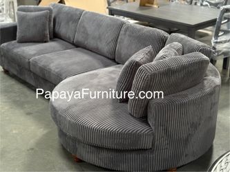 New 125” Gray Sectional Sofa With Round Chaise, Modern Sectional, Corduroy Sectional, Plush Couch, Gray Couch, Grey Sofa,Oversized Chaise Lounge Couch