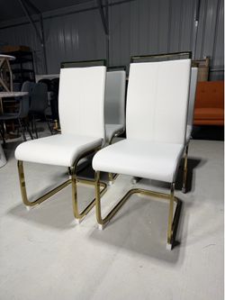 Set of 4 Modern PU Leather Dining Chairs, White High Back Upholstered Seats with Gold C-Shaped Metal Legs for Dining Room or Kitchen