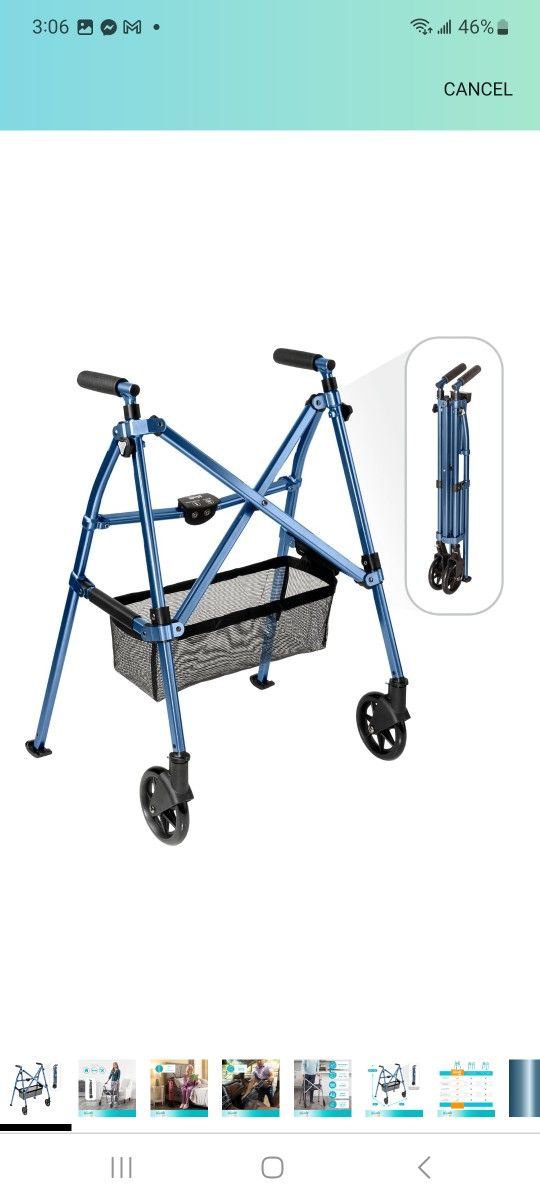 Stander EZ Fold-N-Go Walker, Lightweight Folding Mobility Rolling Walker for Seniors and Adults, 6-inch Wheels, Ski Glides and Organizer Pouch, Cobalt
